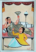 A traditional Indian folk art painting depicting a woman reclining on a bed with a mirror and another woman in a yellow dress looking at her reflection. The painting features a warm beige background, red drapery, and a black border.