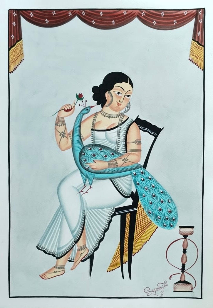 A traditional Indian folk art painting depicting a woman seated on a black chair, holding a blue peacock. She is dressed in a white saree and adorned with jewelry.