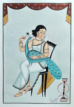 A traditional Indian folk art painting depicting a woman seated on a black chair, holding a blue peacock. She is dressed in a white saree and adorned with jewelry.